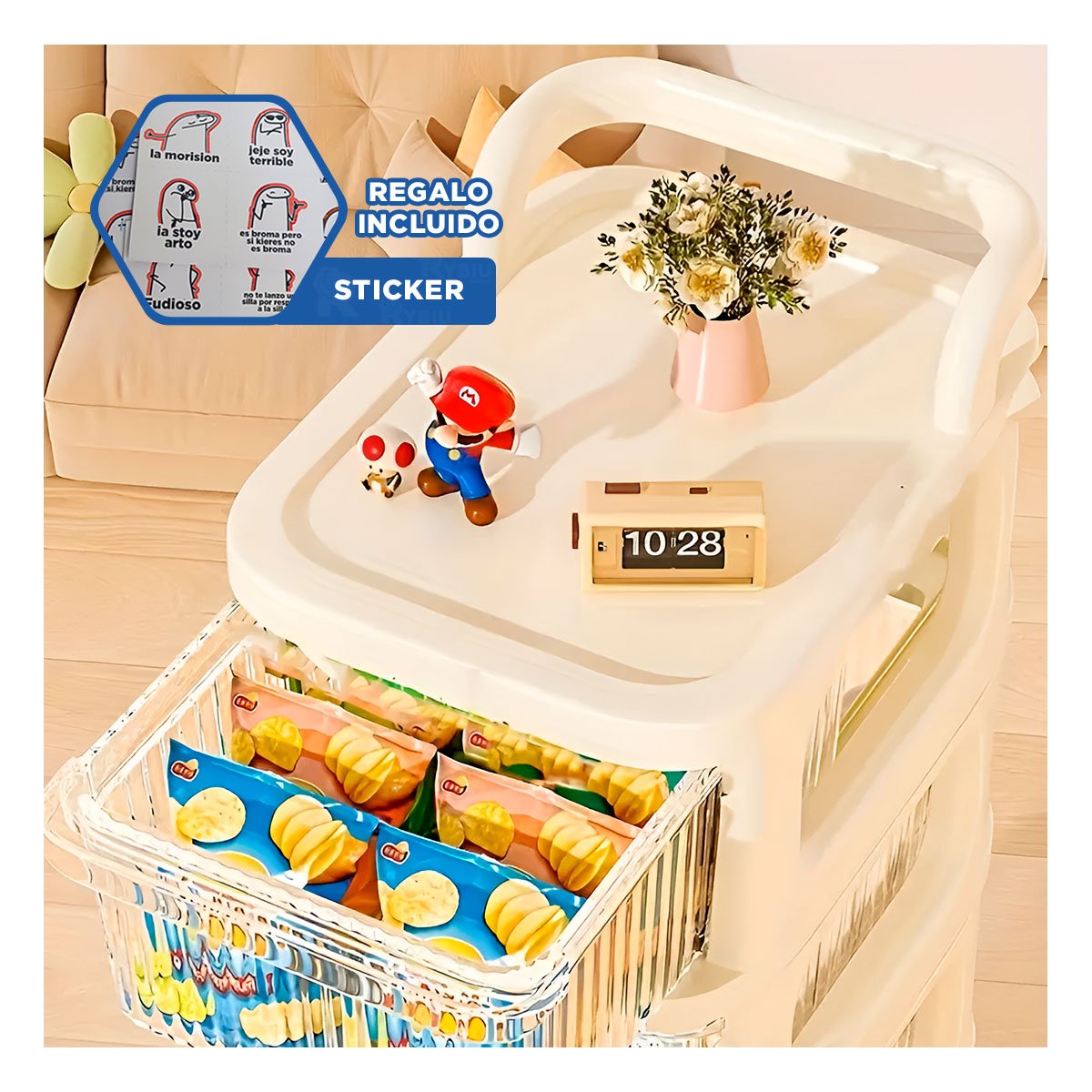 MUEBLE ORGANIZADOR CERRADO CON CAJONES 4 NIVELES Y ASA BEIGE CLARO PRACTICO Y+REGALO STICKER - 1