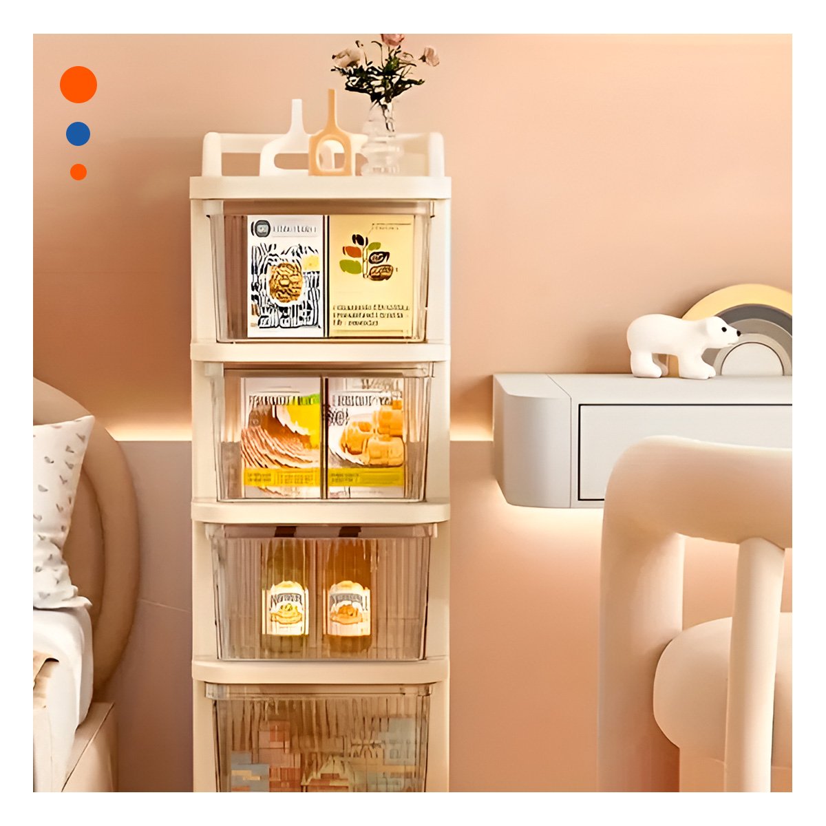 MUEBLE ORGANIZADOR CERRADO CON CAJONES 4 NIVELES Y ASA BEIGE CLARO PRACTICO Y+REGALO STICKER - 2
