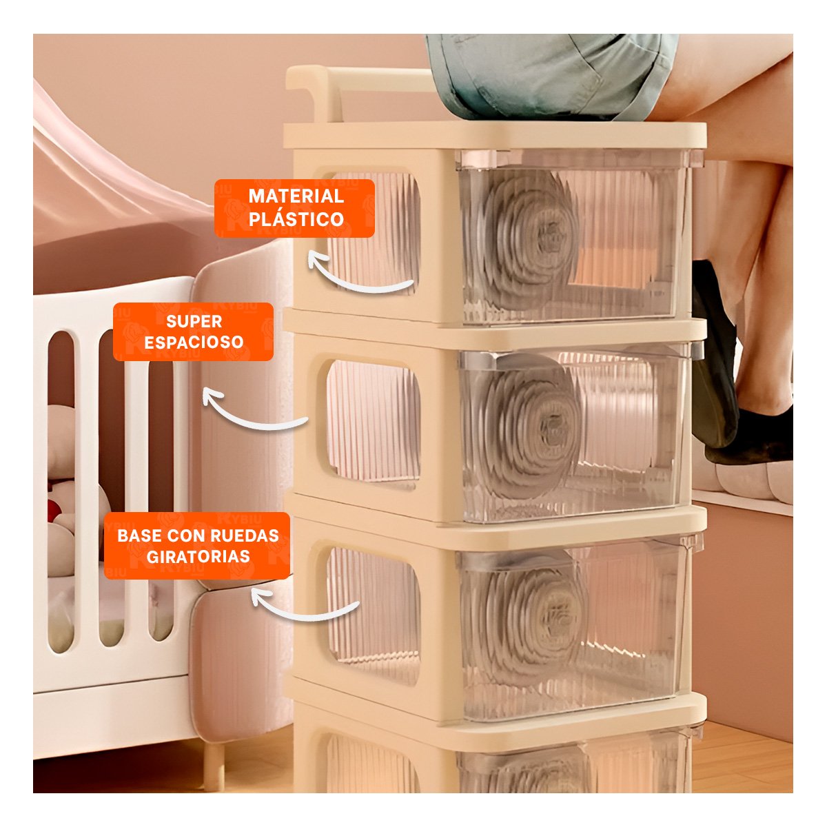 MUEBLE ORGANIZADOR CERRADO CON CAJONES 4 NIVELES Y ASA BEIGE CLARO PRACTICO Y+REGALO STICKER - 5