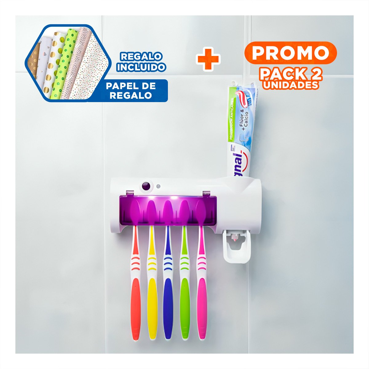 PACK2 HIGIENIZADOR DE CEPILLOS DENTAL CON LUZ VIOLETA Y DISPENSADOR YPAPEL REGALO - 1