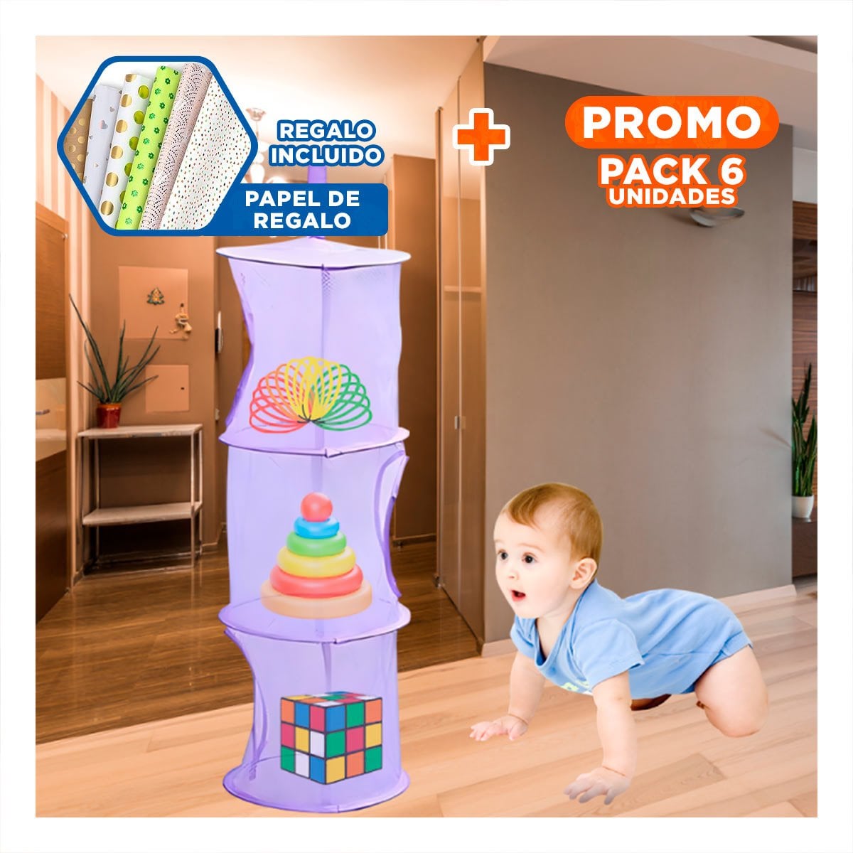 PACK6 UNIDAD COLGANTE TIPO RED 3 NIVELES MORADO MODERNA PARA ROPA Y+PAPEL REGALO - 1