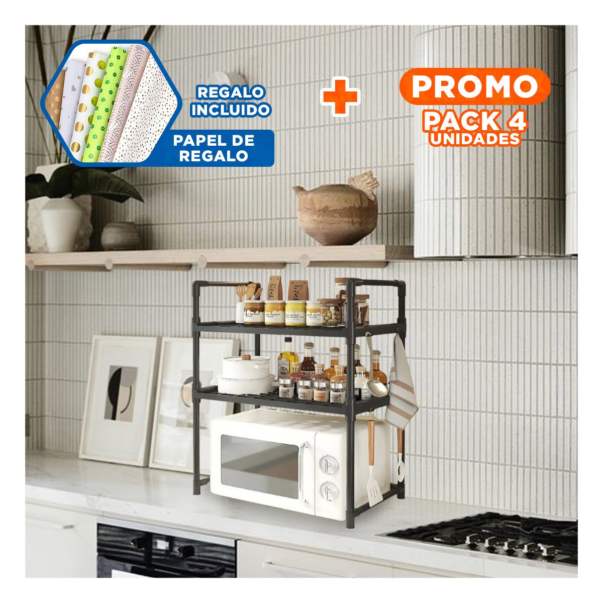 PACK4 SOPORTE ACERO ORGANIZADOR MICROONDAS 2 NIVELES CON ASAS NEGRO SEGURO YPAPEL REGALO - 1