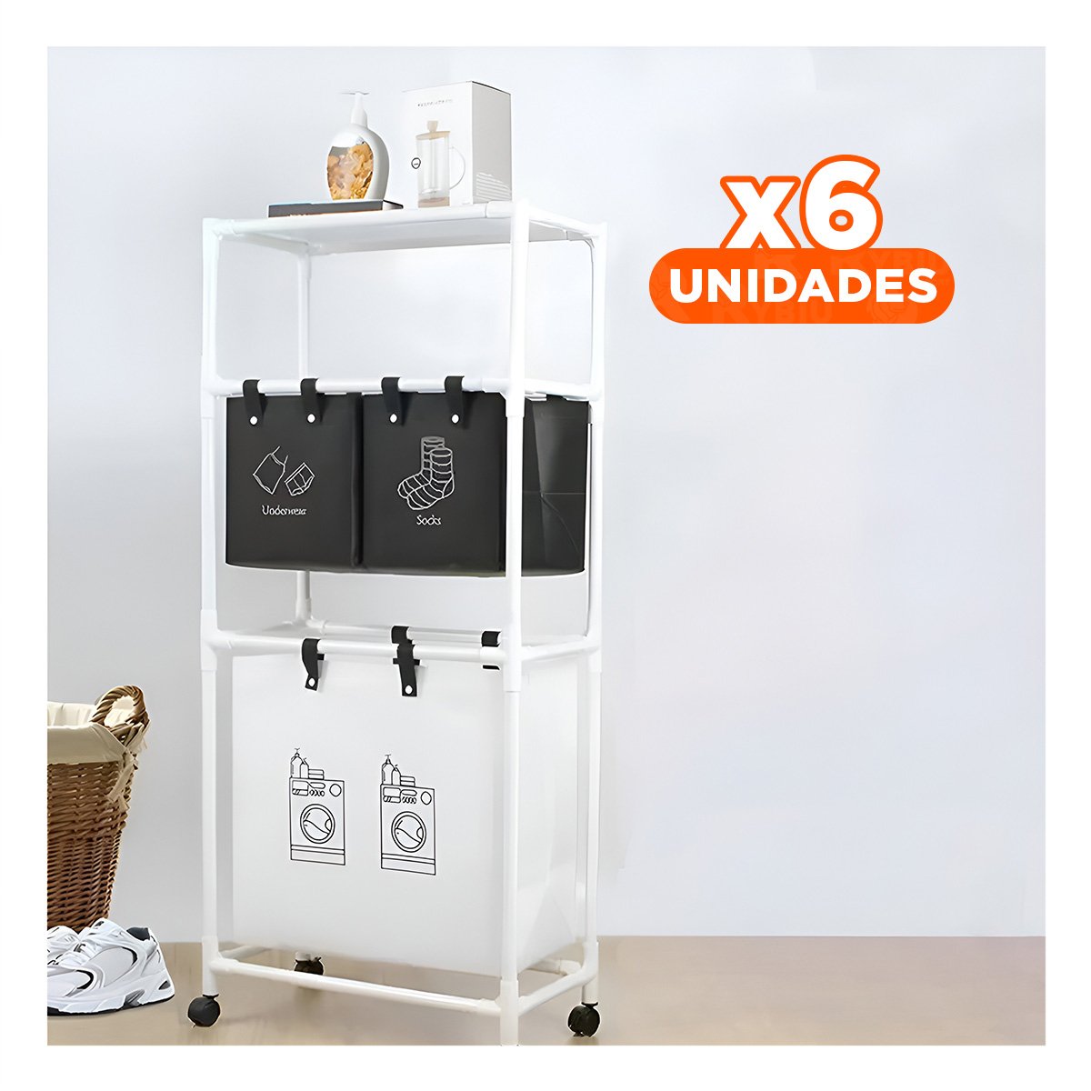PACK6 SOPORTE ROPA SUCIA 3 NIVELES ORGANIZADOR CON 3 CESTOS BLANCO NEGRO Y+REGALO STICKER - 1