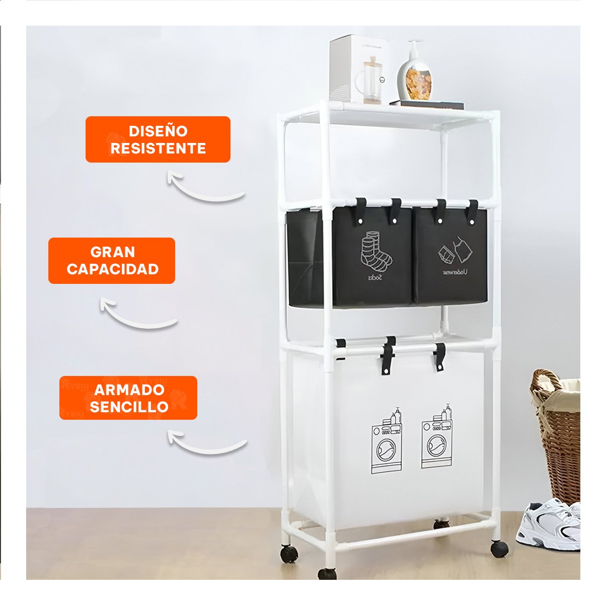 PACK6 SOPORTE ROPA SUCIA 3 NIVELES ORGANIZADOR CON 3 CESTOS BLANCO NEGRO Y+REGALO STICKER - 2