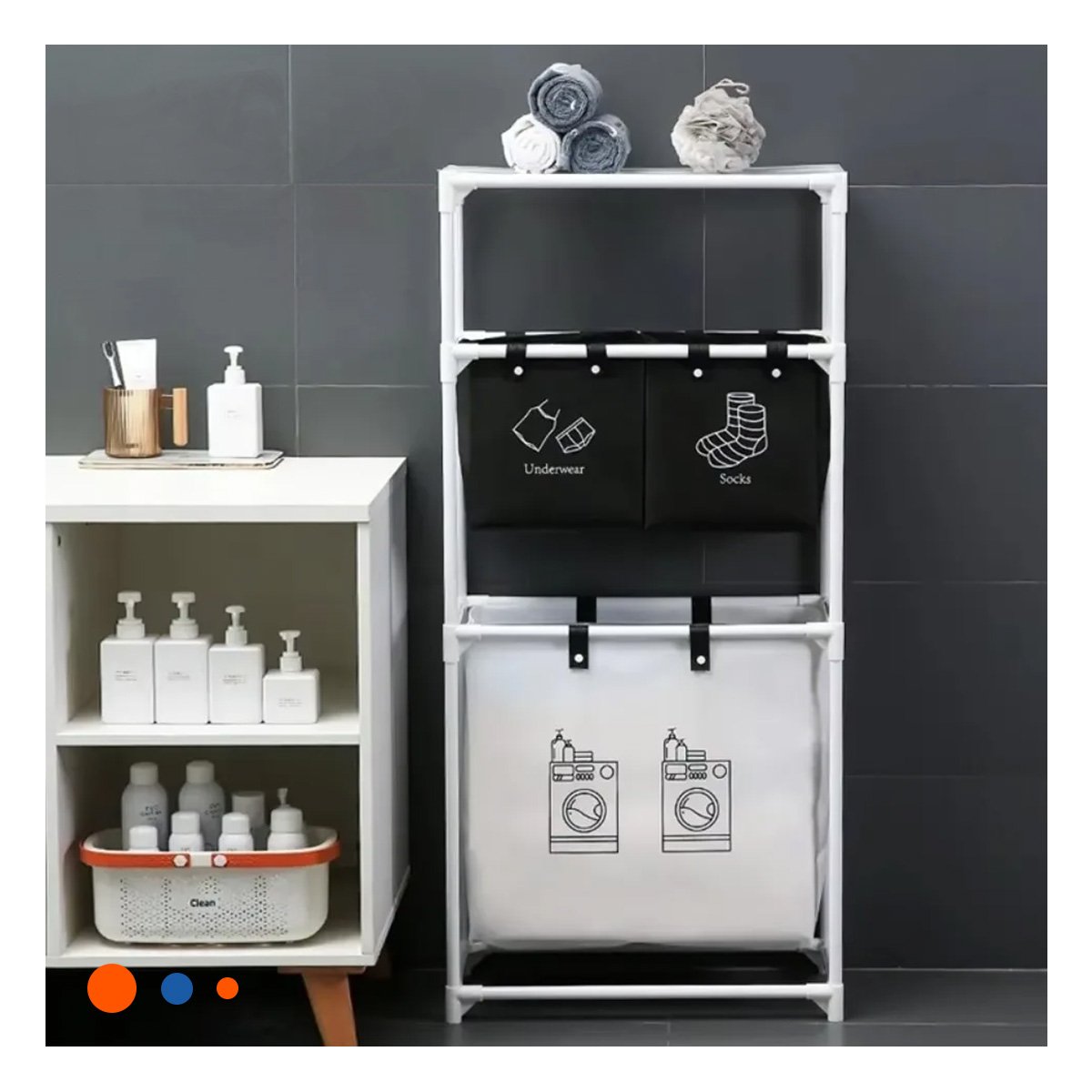 PACK6 SOPORTE ROPA SUCIA 3 NIVELES ORGANIZADOR CON 3 CESTOS BLANCO NEGRO Y+REGALO STICKER - 3