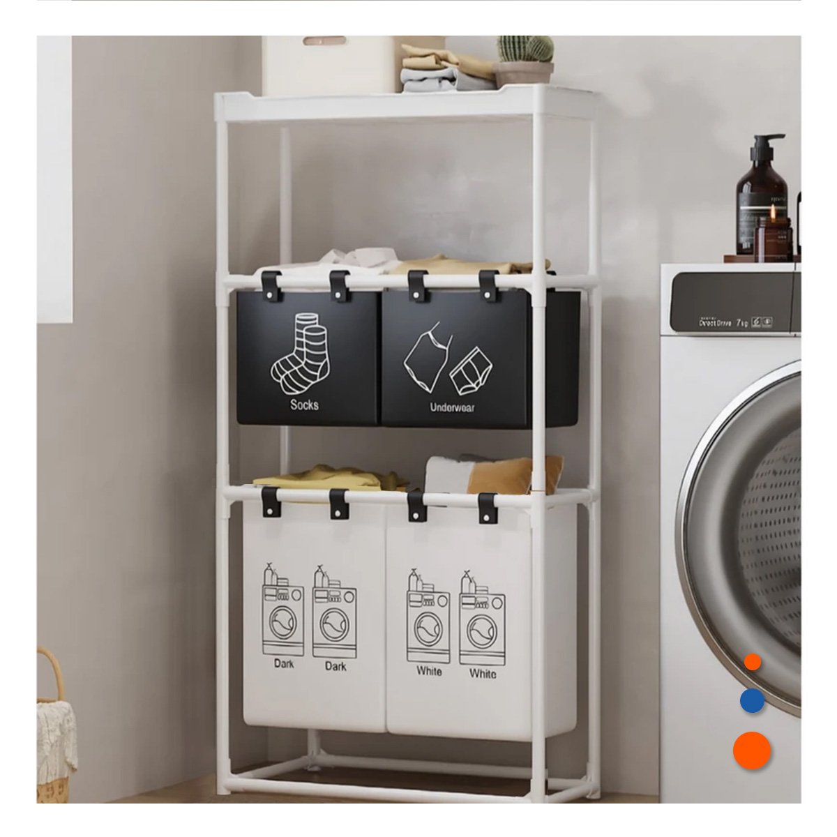 PACK6 SOPORTE ROPA SUCIA 3 NIVELES ORGANIZADOR CON 3 CESTOS BLANCO NEGRO Y+REGALO STICKER - 5