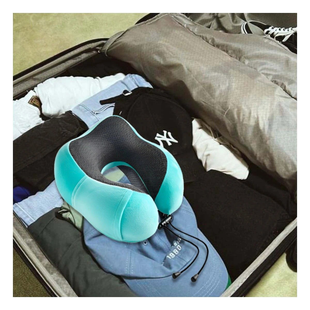 COJIN DE CUELLO ACOLCHADO DE TERCIOPELO PARA VIAJES CELESTE CLARO - 2