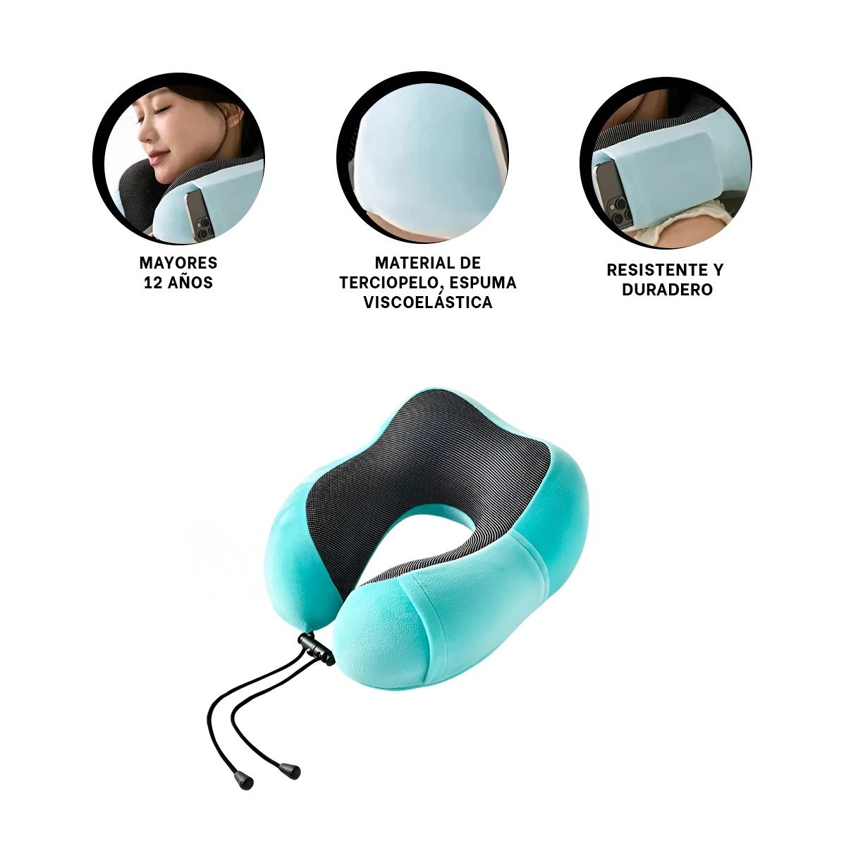 COJIN DE CUELLO ACOLCHADO DE TERCIOPELO PARA VIAJES CELESTE CLARO - 3