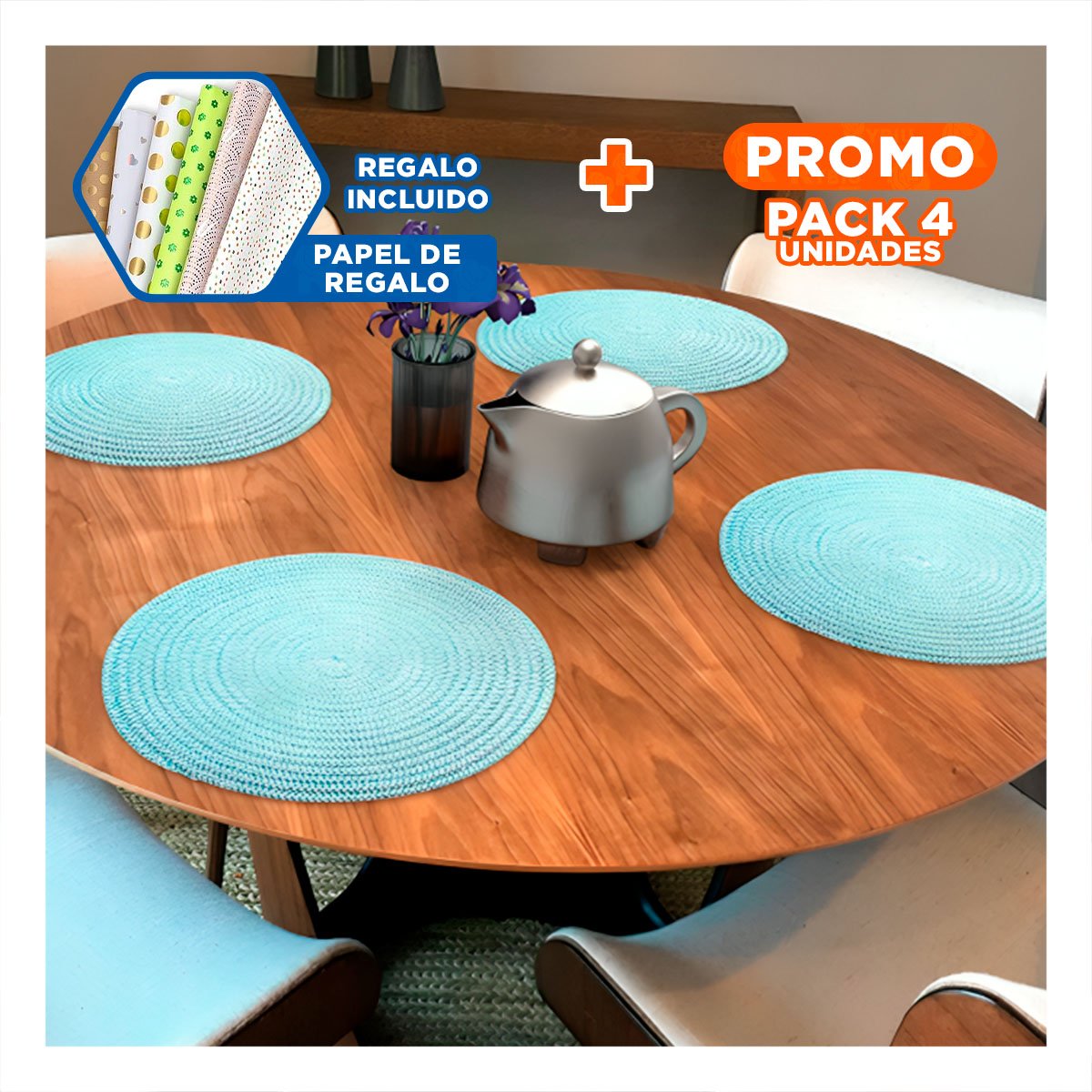 PACK4 PLATO TEXTIL INDIVIDUAL CIRCULAR BOHO CELESTE CLARO PARA HOGAR YPAPEL REGALO - 1