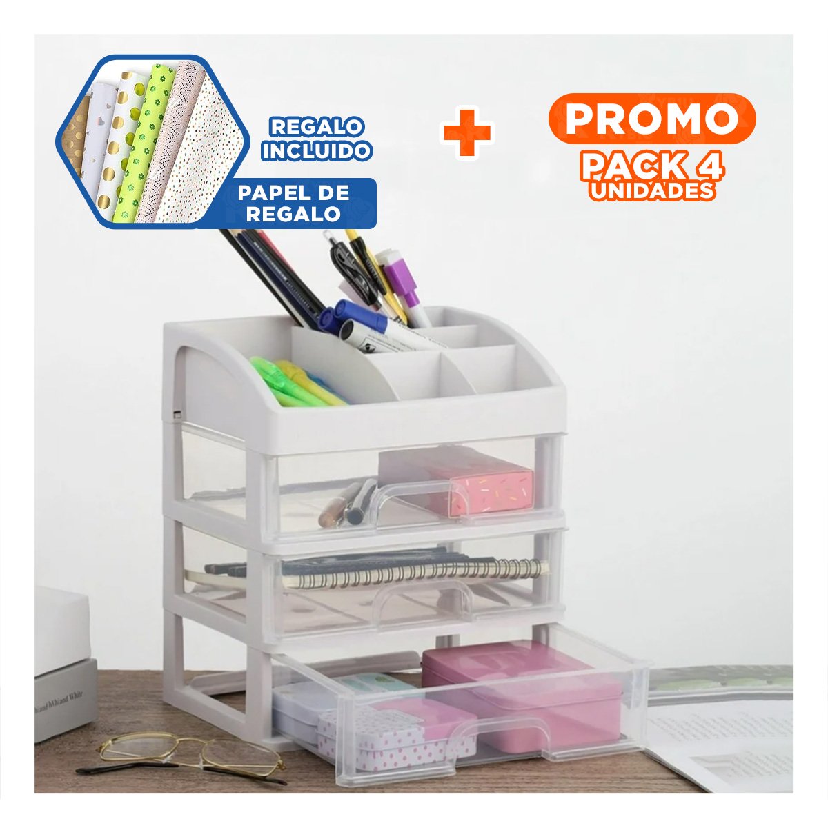 PACK4 ORGANIZADOR ROSADO CON DISTRIBUCION MIXTA DE CAJONES Y DIVISIONES Y+PAPEL REGALO - 1