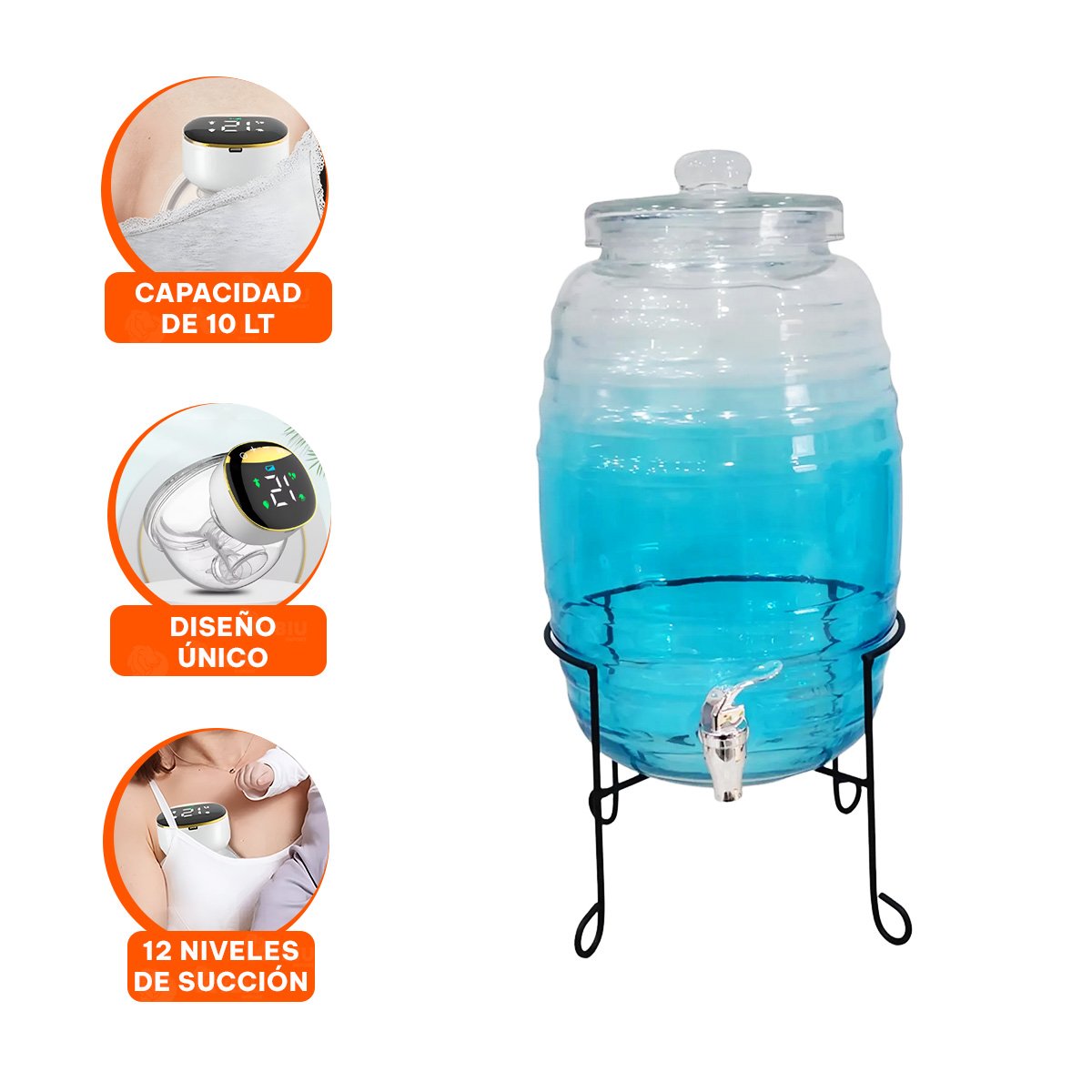 SISTEMA DE BEBIDAS 10L CON BASE METALICA Y TAPA CHUPON TRANSPARENTE CELESTE - 3