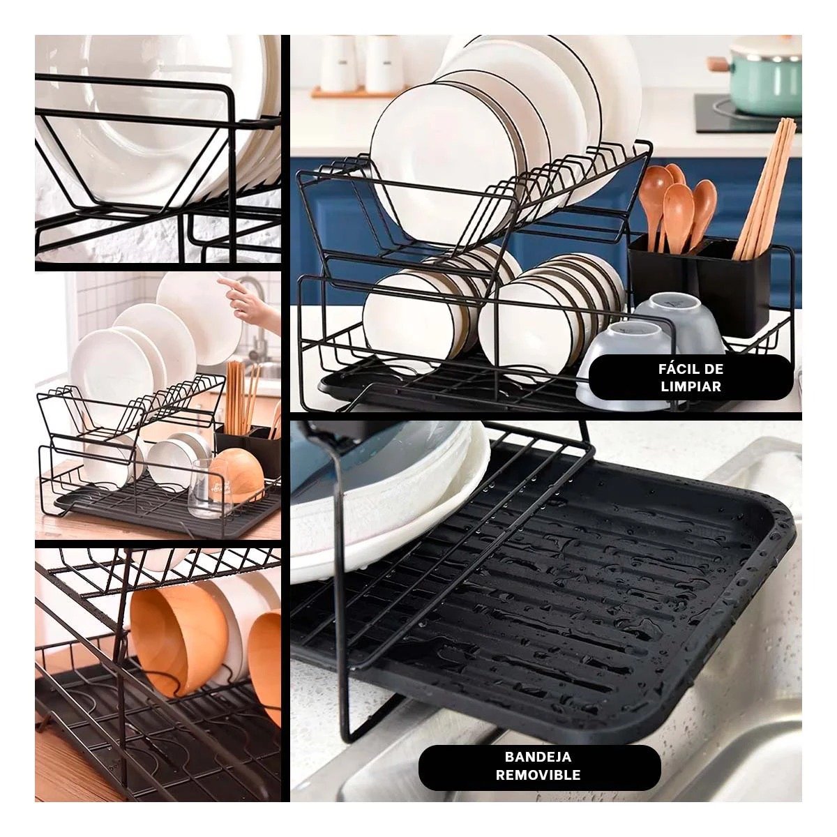PACK2 ESCURRIDOR DE PLATOS CON PUERTAS Y BANDEJAS EN COLOR DE COLOR NEGRO Y+PAPEL REGALO - 3