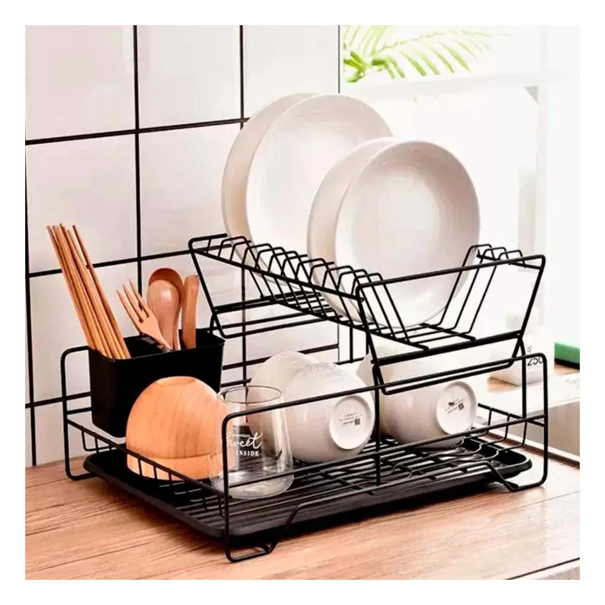 PACK2 ESCURRIDOR DE PLATOS CON PUERTAS Y BANDEJAS EN COLOR DE COLOR NEGRO Y+PAPEL REGALO - 5