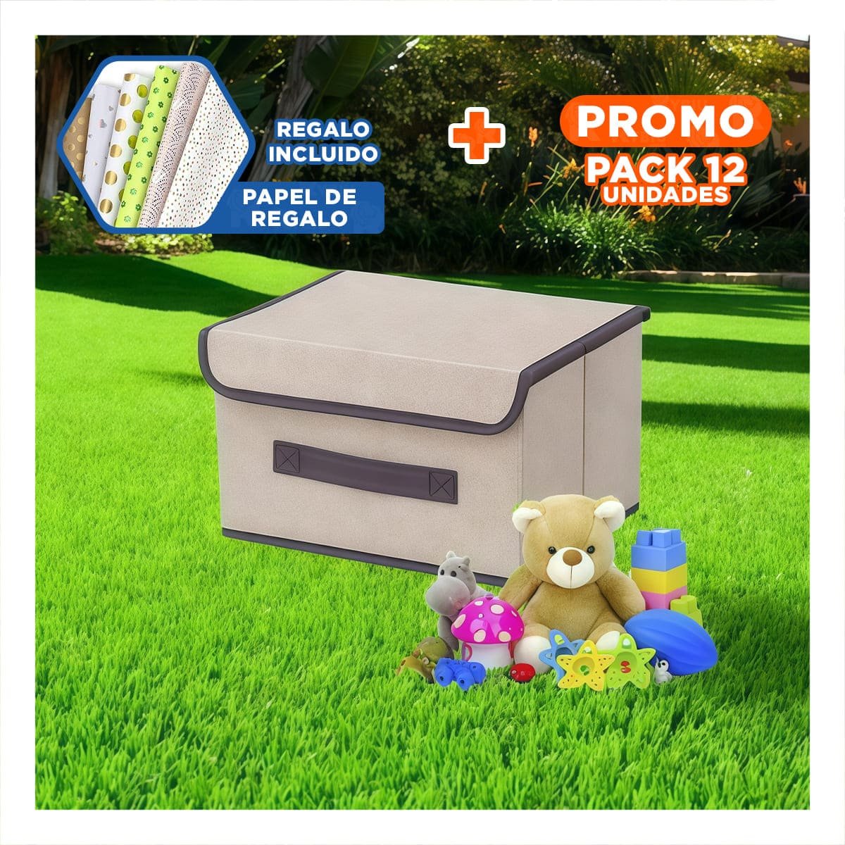 PACK12 CAJA MULTIUSO DE TELA 25X19X16CM BEIGE CON BORDE MARRON PARA ROPA YPAPEL REGALO - 1