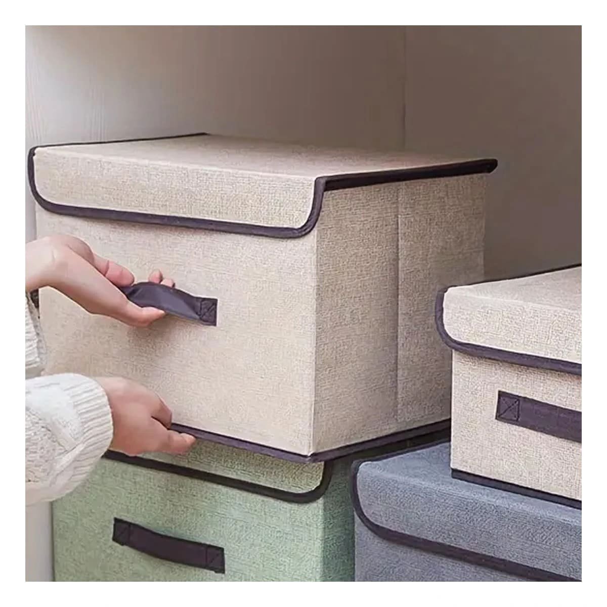 PACK12 CAJA MULTIUSO DE TELA 25X19X16CM BEIGE CON BORDE MARRON PARA ROPA YPAPEL REGALO - 5
