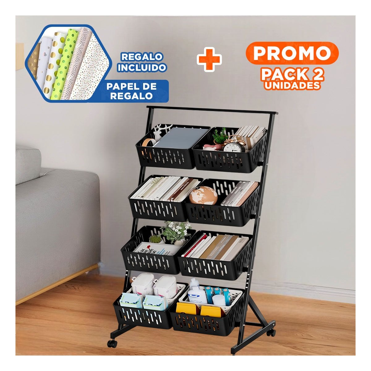 PACK2 MUEBLE ORGANIZADOR CON 4 NIVELES Y 8 BANDEJAS PARA CASA PRACTICA NEGRO YPAPEL REGALO - 1
