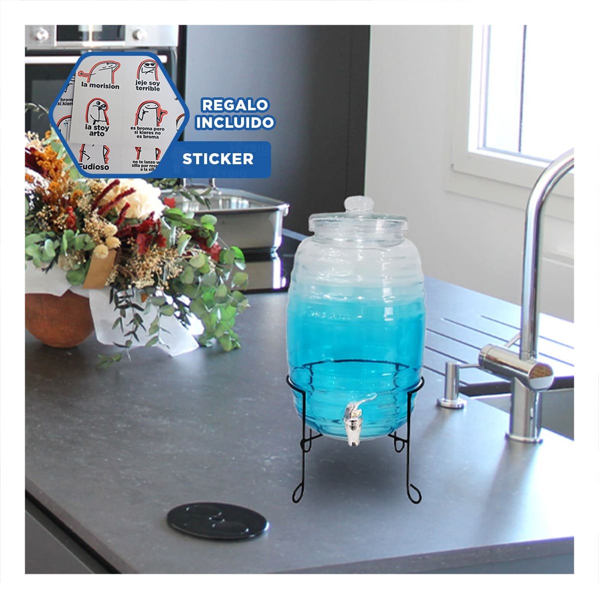 SOPORTE DE BEBIDAS 10L CON BASE METALICA Y TAPA CHUPON TRANSPARENTE CELESTE YREGALO STICKER - 1