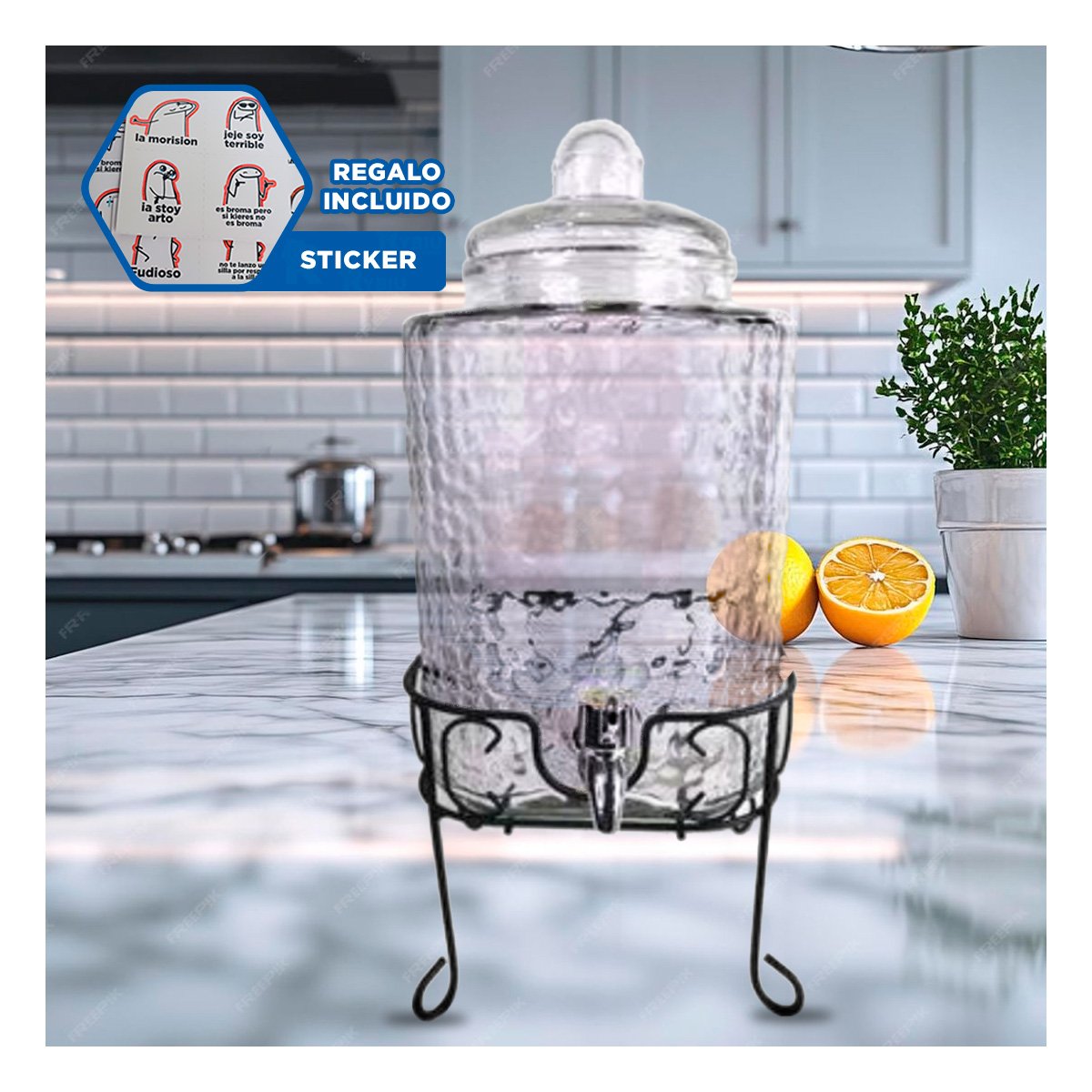 UTENSILIO DE BEBIDA TRANSPARENTE 6L CON BASE METALICA PARA REUNIONES Y+REGALO STICKER - 1