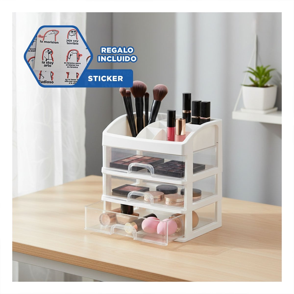 CAJONERA CON TRES CAJONES INFERIORES Y DIVISIONES EN TECHO ROSADO YREGALO STICKER - 1