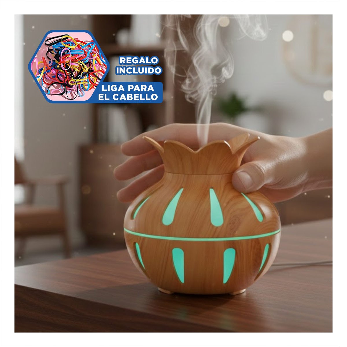 DIFUSOR DE MESA CON FUNCION HUMIFICADORA FORMA FLORAL 12X11CM MADERA CLARO YLIGAS REGALO - 2