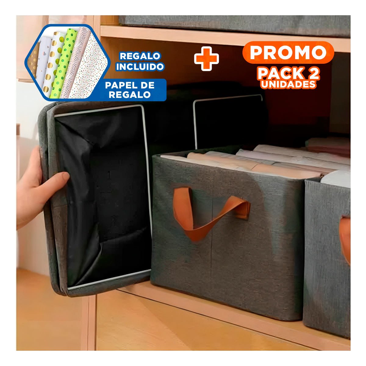 PACK2 COFRE DE TELA CON COMPARTIMENTOS PARA TODO PLOMO Y+PAPEL REGALO - 1