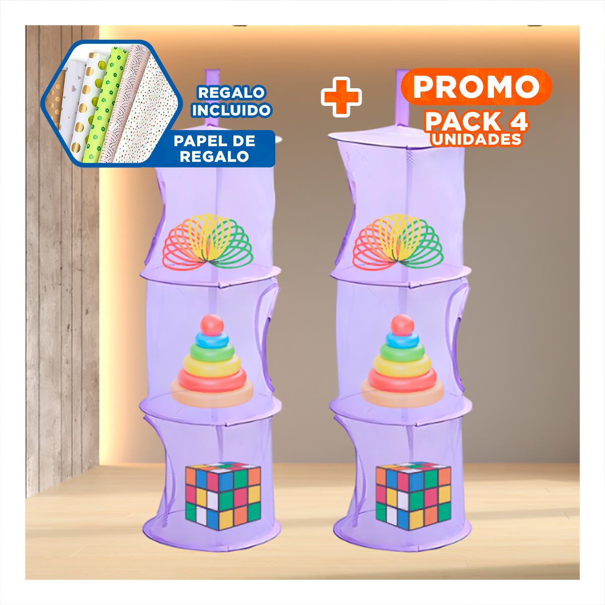 PACK4 UNIDAD COLGANTE TIPO RED 3 NIVELES MORADO PRACTICA PARA ESPACIOS PEQUENOS Y+PAPEL REGALO - 1
