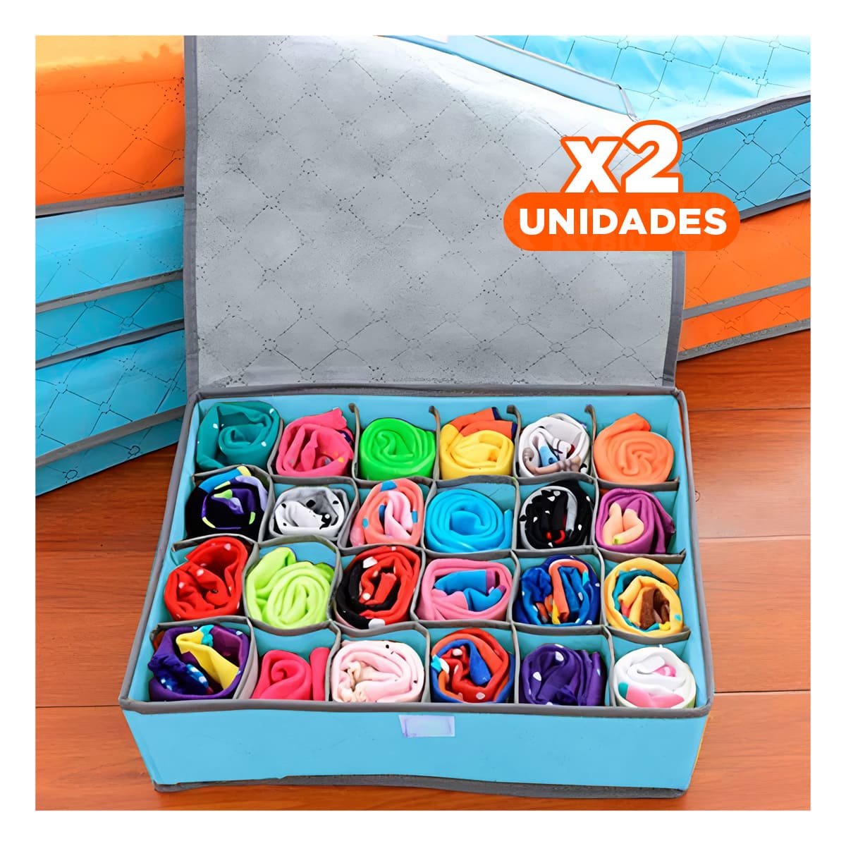 PACK2 CAJA TEXTIL PARA ROPA INTERIOR 24 DIVISIONES CELESTE ESTILO CASA PLUS Y+REGALO STICKER - 1