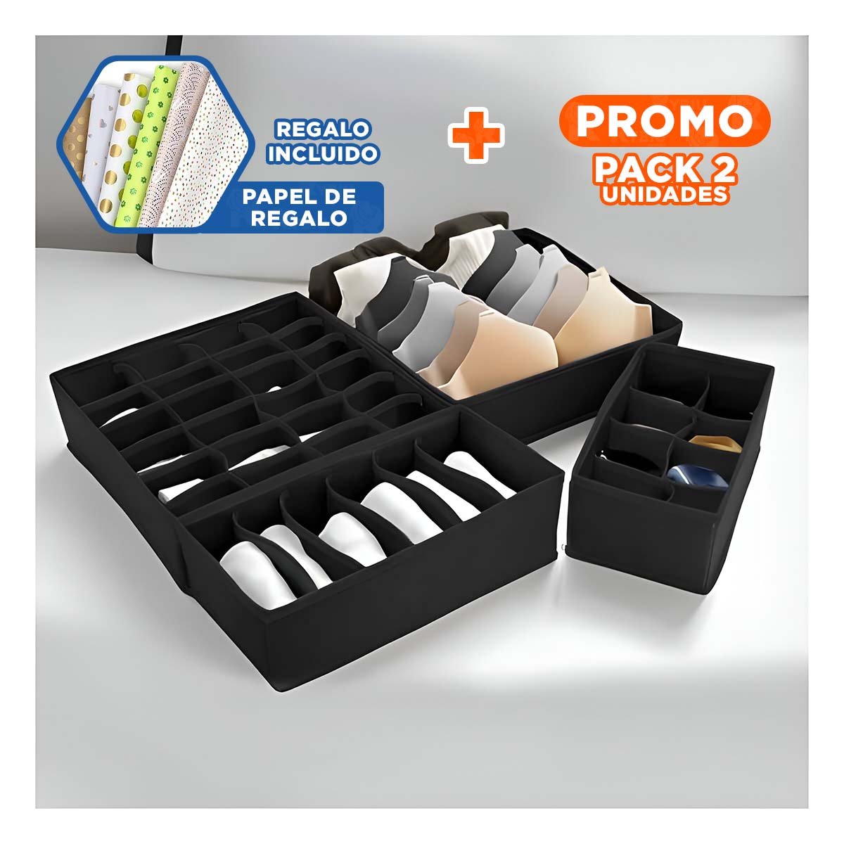 PACK2 SET NEGRO PARA ORGANIZACION DE ROPA INTERIOR EN CAJON 4 PIEZAS Y+PAPEL REGALO - 1