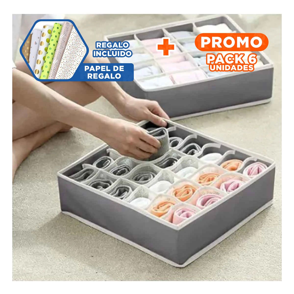 PACK6 CONTENEDOR DE CAJON ROPA INTERIOR DE COLOR PLOMO Y BEIGE Y+PAPEL REGALO - 1