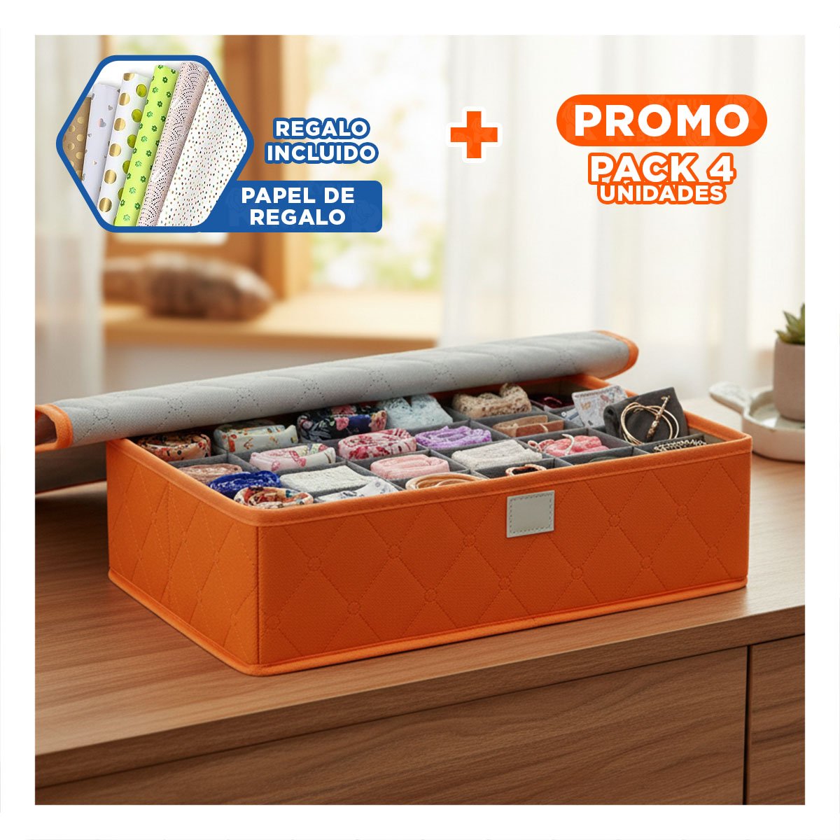 PACK4 ORGANIZADOR TEXTIL DE ROPA INTERIOR 24 DIVISIONES CON TAPA NARANJA PLUS Y+PAPEL REGALO - 1