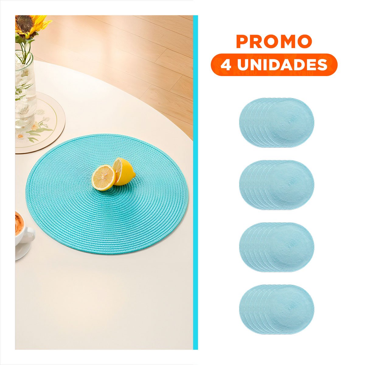 PACK4 PLATO TEXTIL DECORATIVO CIRCULAR BOHO CELESTE CLARO ESTILO NATURAL Y+REGALO STICKER - 1