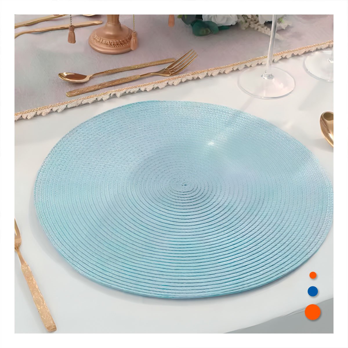 PACK4 PLATO TEXTIL DECORATIVO CIRCULAR BOHO CELESTE CLARO ESTILO NATURAL Y+REGALO STICKER - 3