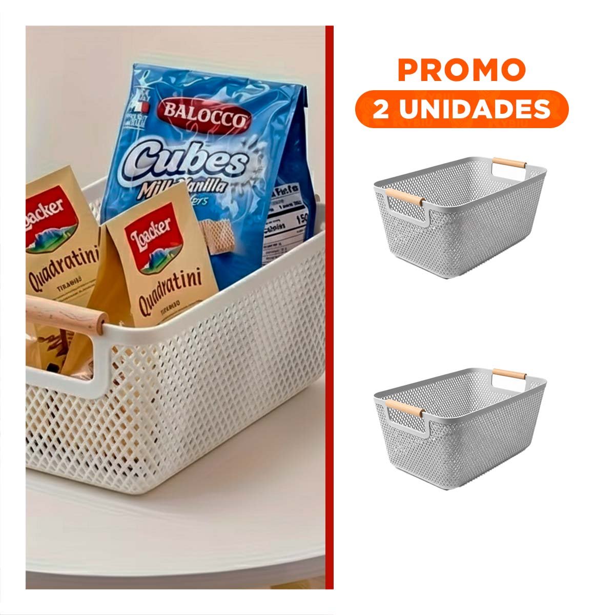 PACK2 CANASTA RESISTENTE MALLA CON ASAS DE MADERA PLOMO CLARO RECTANGULAR PARA MANTENER ORDEN - 1