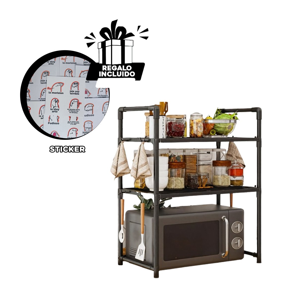 REPISA METALICA ORGANIZADOR MICROONDAS 2 NIVELES CON ASAS NEGRO ELEGANTE Y+REGALO STICKER - 1