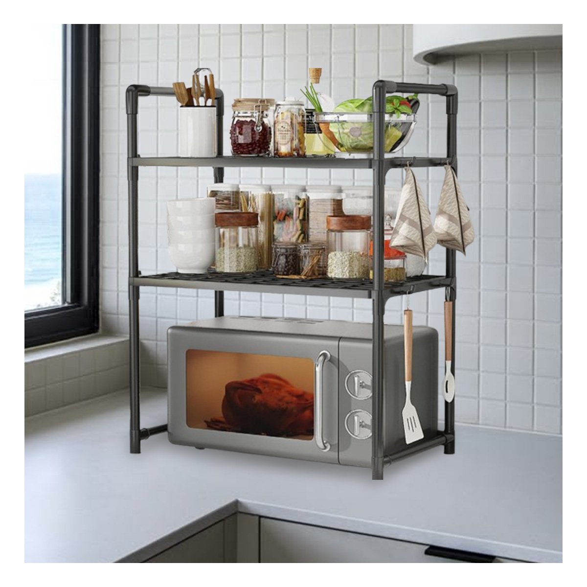 REPISA METALICA ORGANIZADOR MICROONDAS 2 NIVELES CON ASAS NEGRO ELEGANTE Y+REGALO STICKER - 2