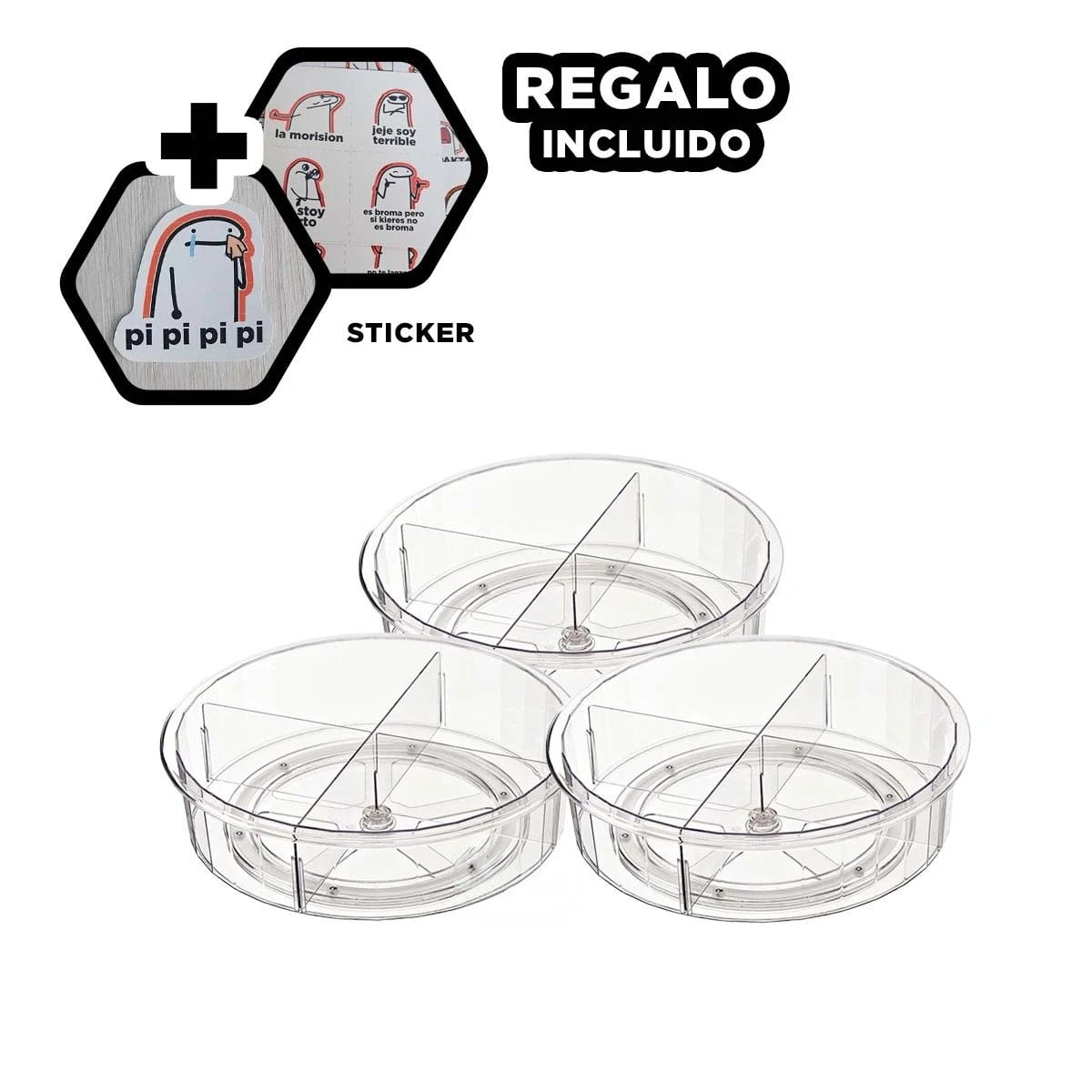 PLATO ROTATIVO ORGANIZADOR DE ACRILICO 360 GRADOS CON 4 COMPARTIMIENTOS Y+REGALO STICKER - 1