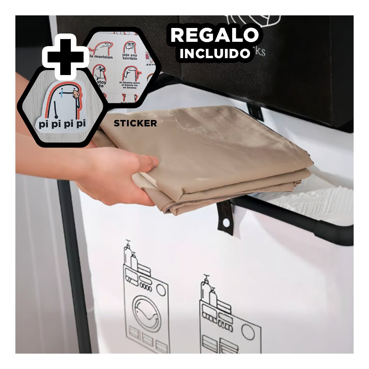 CAJA ROPA SUCIA CON 3 CESTOS 2 NIVELES NEGRO Y BLANCO Y+REGALO STICKER - 1