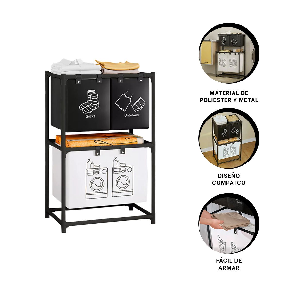 CAJA ROPA SUCIA CON 3 CESTOS 2 NIVELES NEGRO Y BLANCO Y+REGALO STICKER - 3