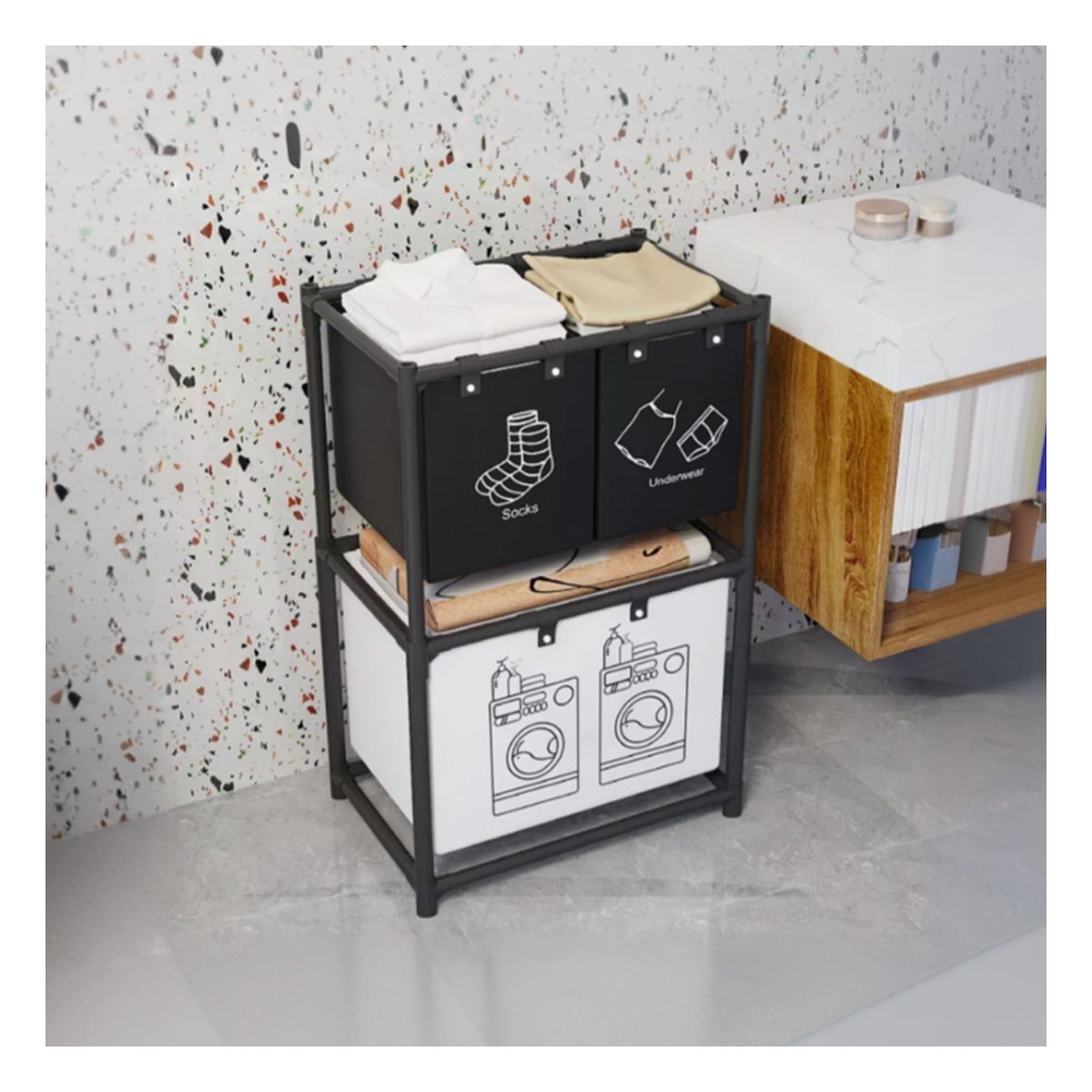 CAJA ROPA SUCIA CON 3 CESTOS 2 NIVELES NEGRO Y BLANCO Y+REGALO STICKER - 5