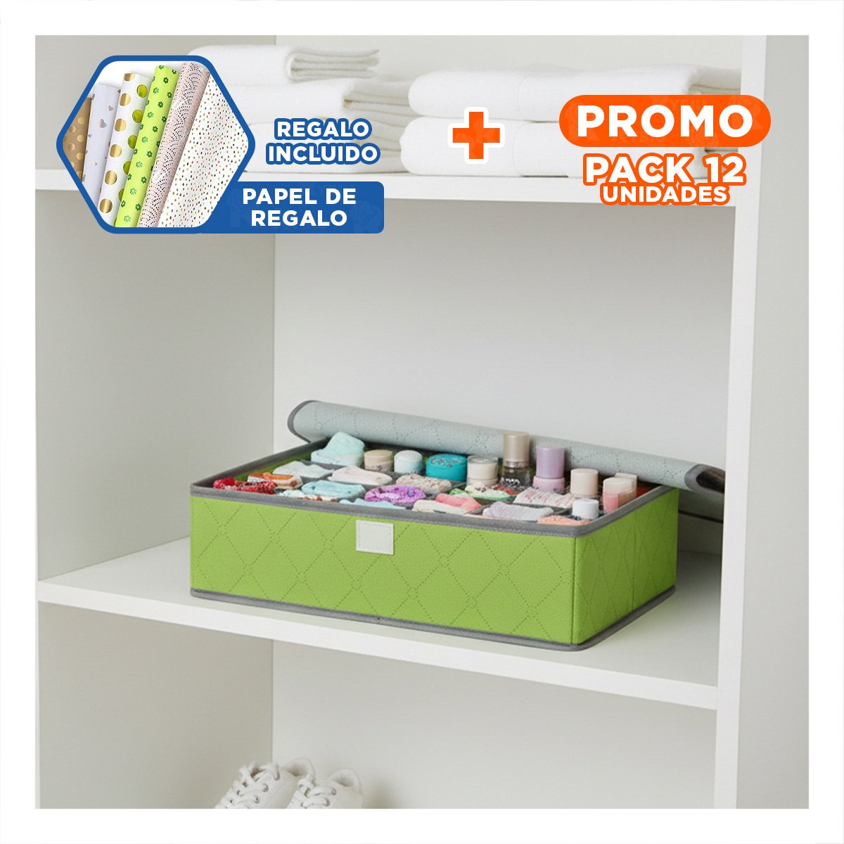 PACK12 ESTUCHE TEXTIL PARA ROPA INTERIOR 24 DIVISIONES VERDE HOGAR EXTRA Y+PAPEL REGALO - 1