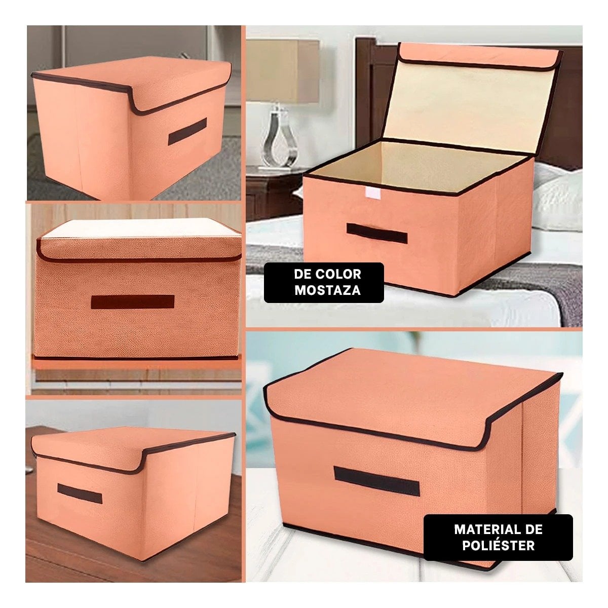 CUBO ORGANIZATIVO DE TELA 36X24X23CM MOSTAZA CON BORDE MARRON PARA DORMITORIO Y+POST IT - 1