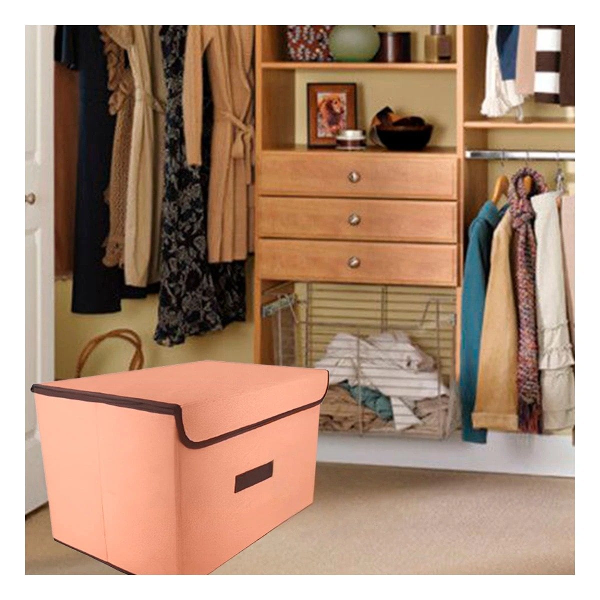 CUBO ORGANIZATIVO DE TELA 36X24X23CM MOSTAZA CON BORDE MARRON PARA DORMITORIO Y+POST IT - 3