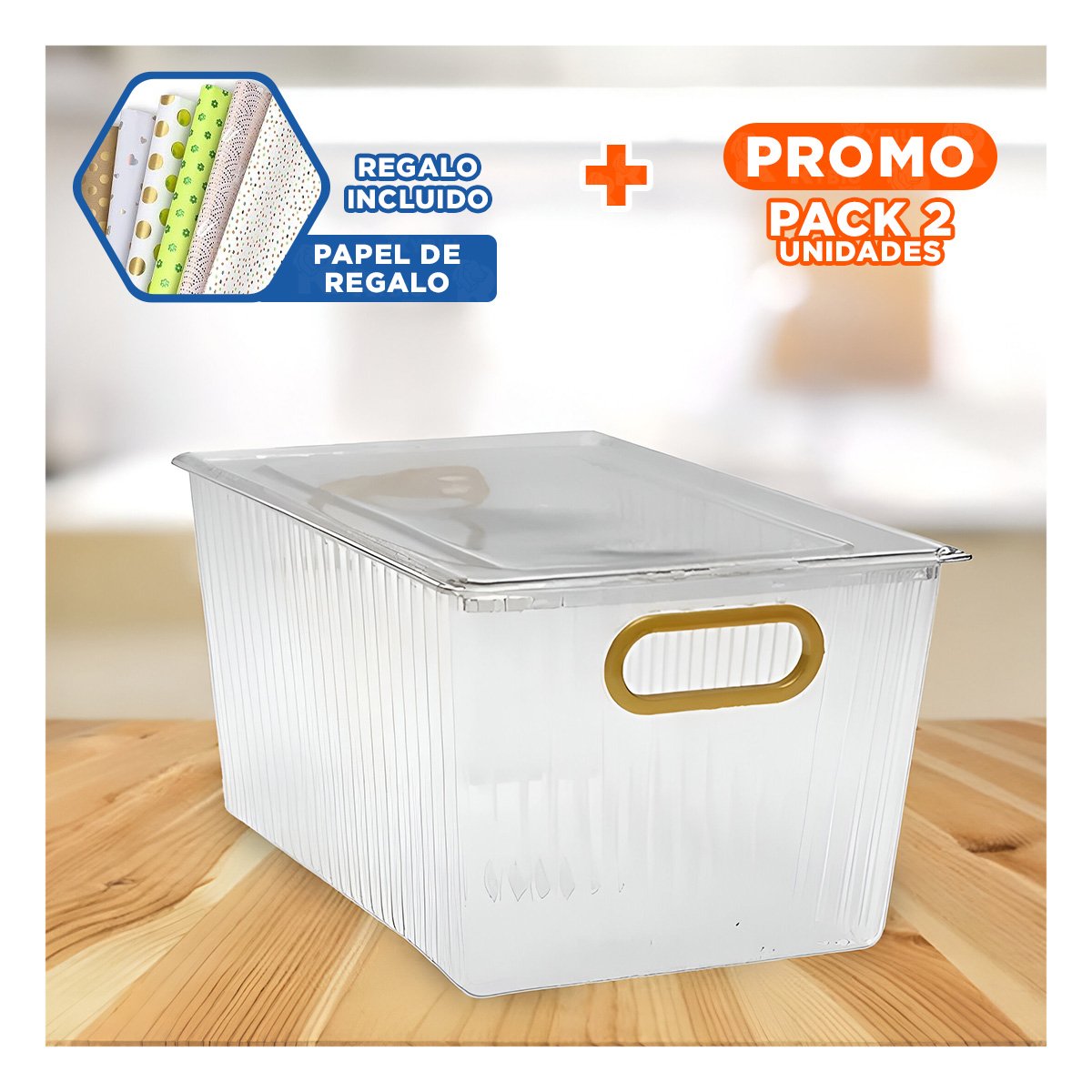 PACK2 CONTENEDOR DE ACRILICO RECTANGULAR CON TAPA Y ASAS DORADAS APILABLE Y+PAPEL REGALO - 1
