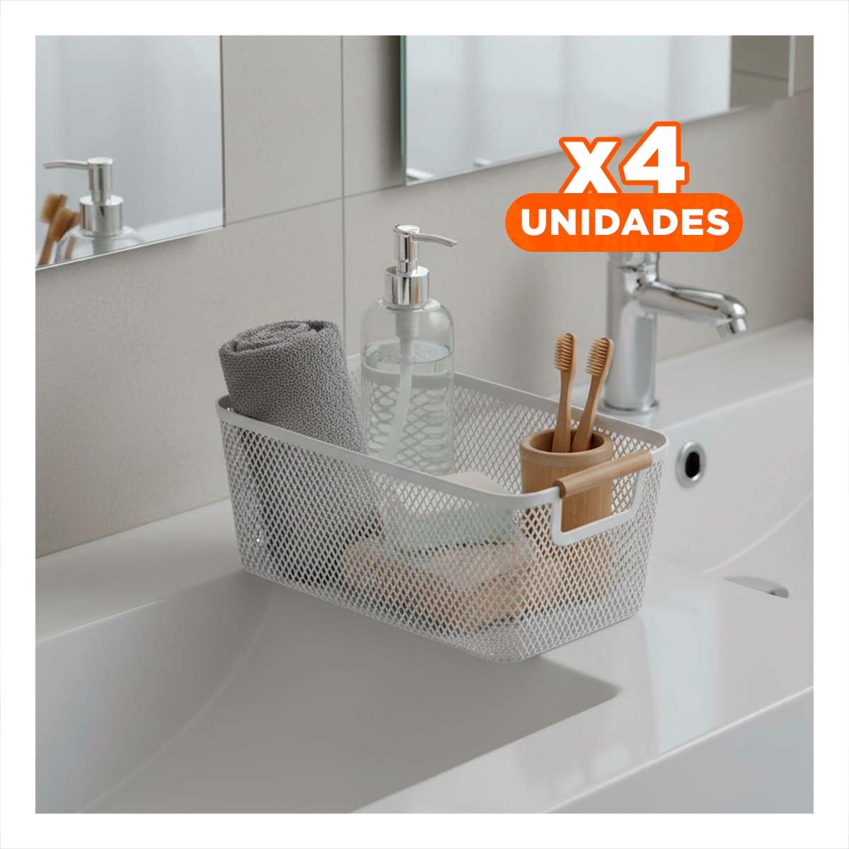PACK4 CESTA LIGERA MALLA CON ASAS DE MADERA PLOMO CLARO RECTANGULAR PARA GUARDAR OBJETOS - 1