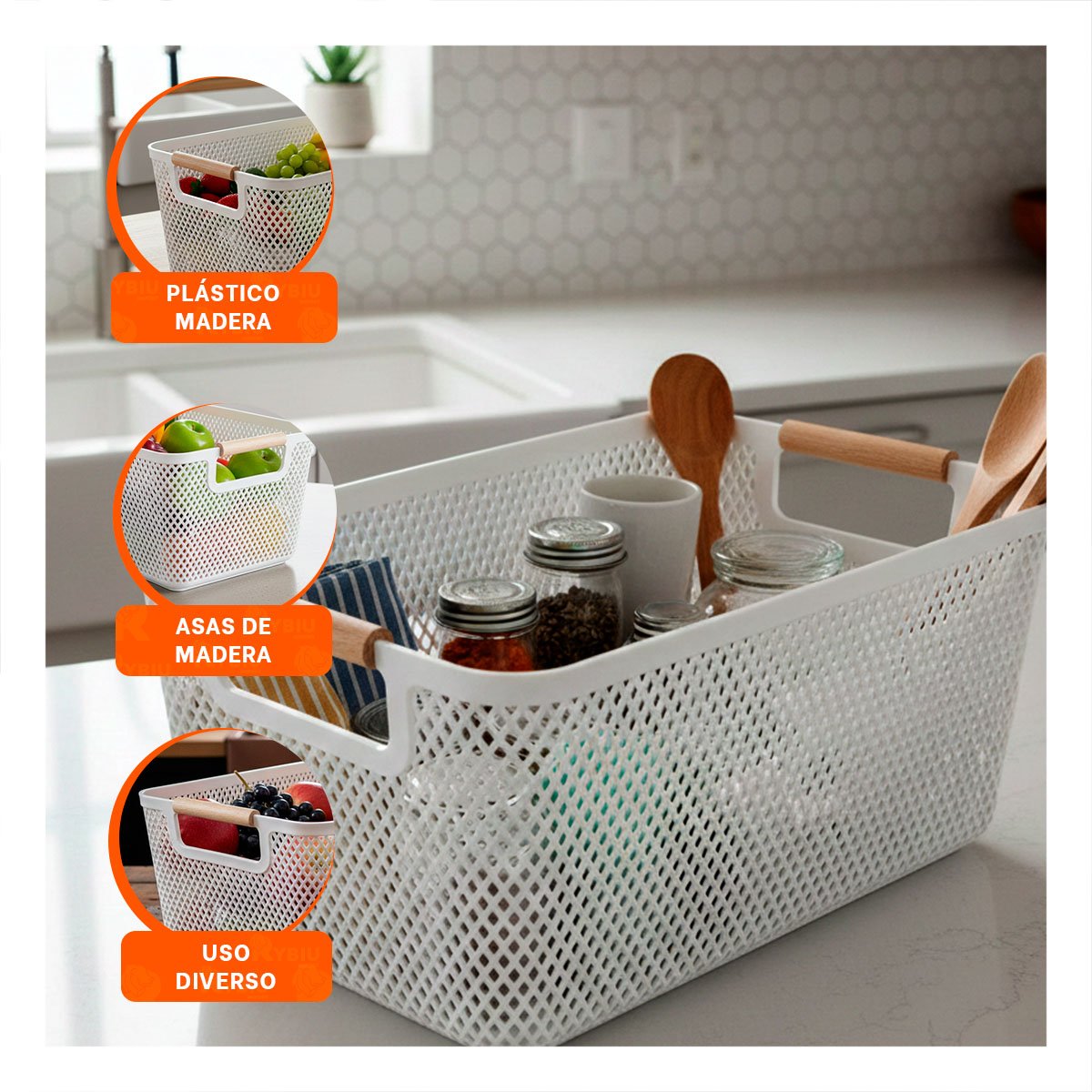 PACK4 CESTA LIGERA MALLA CON ASAS DE MADERA PLOMO CLARO RECTANGULAR PARA GUARDAR OBJETOS - 5