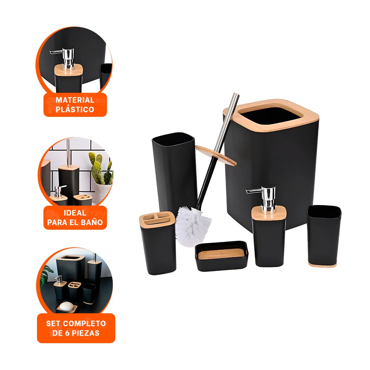 KIT ORGANIZADOR DE HIGIENE SET DE 6 PIEZAS COLOR NEGRO PARA HOGAR FUNCIONAL - 3