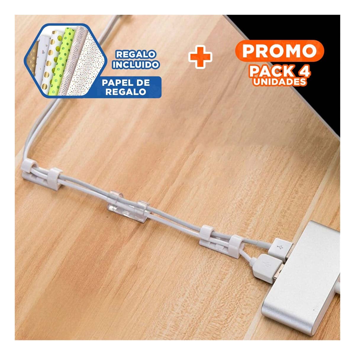 PACK4 CLIPS PARA CABLES DOMESTICOS CON 16 PIEZAS ORGANIZADORAS TRANSPARENTE Y+PAPEL REGALO - 1
