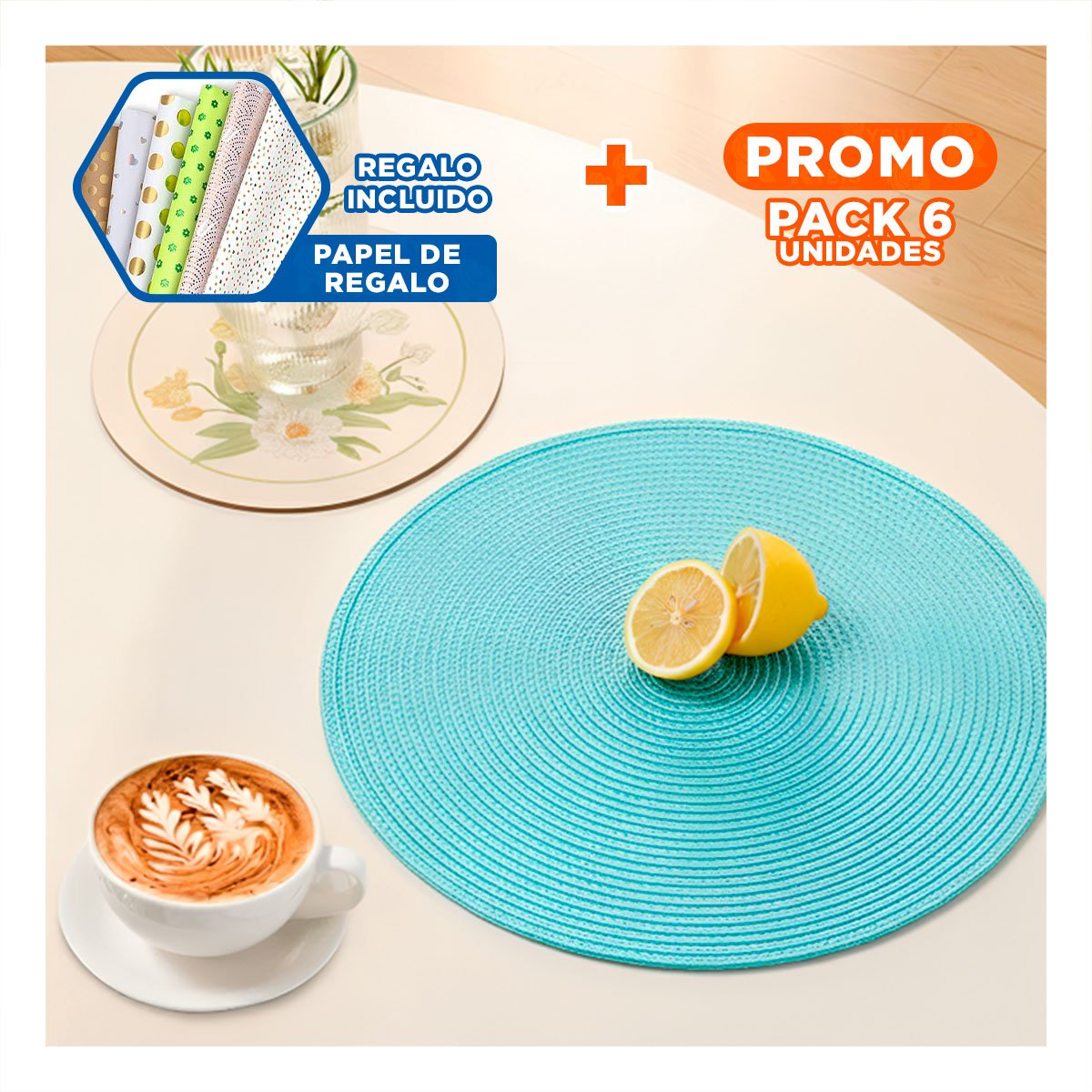 PACK6 PLATO TEXTIL ESTILO BOHO CIRCULAR CELESTE CLARO PARA HOGAR YPAPEL REGALO - 1
