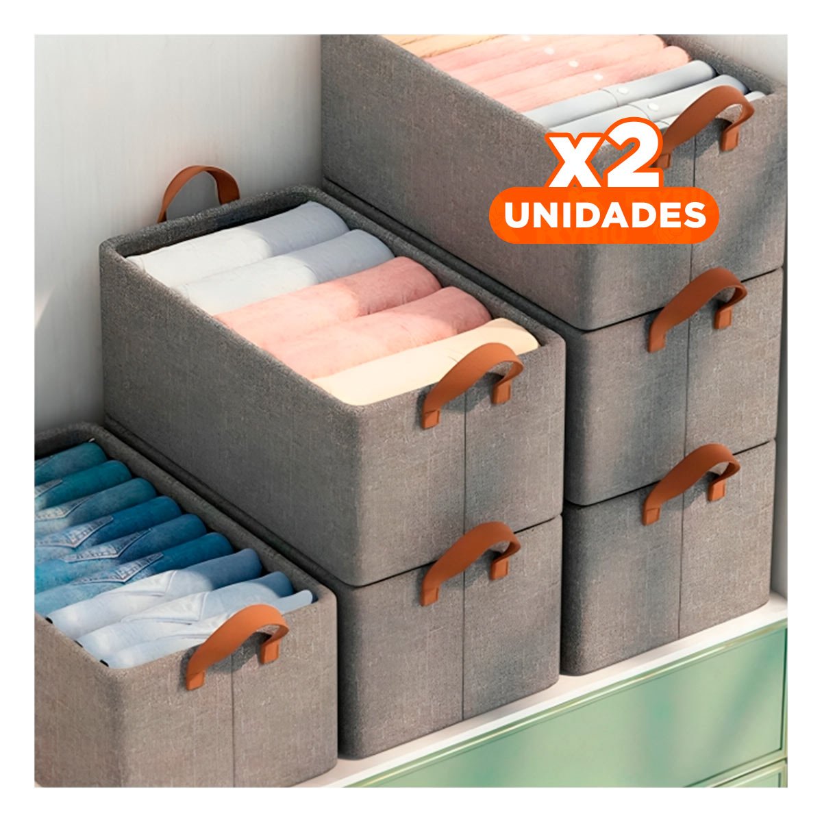 PACK2 COFRE ORGANIZADOR DE TELA PARA ROPA Y HOGAR PLOMO Y+REGALO STICKER - 1