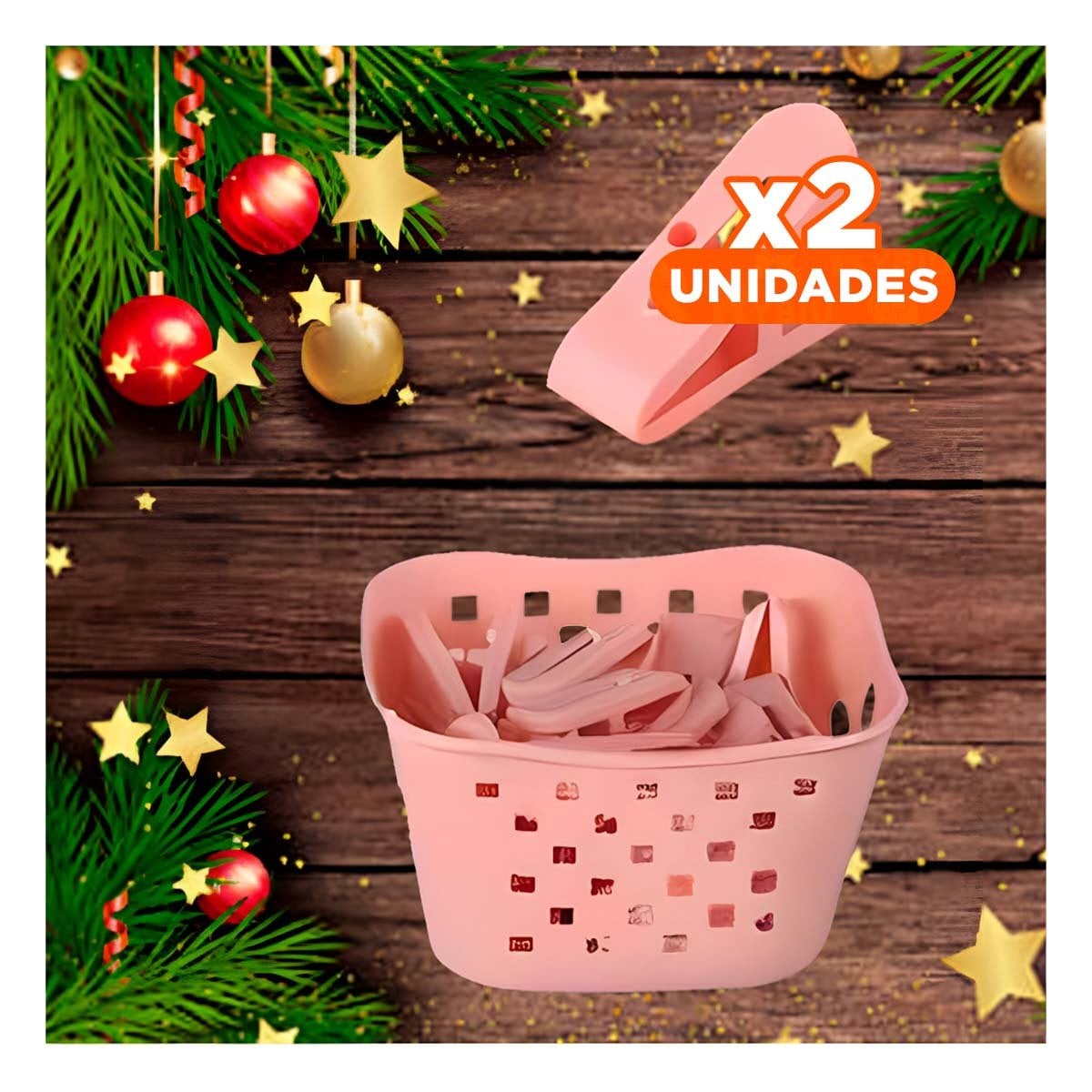 PACK2 CONTENEDOR CUADRADO CON GANCHOS ROSADO CLARO PARA ROPA Y+REGALO STICKER - 1